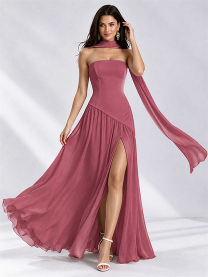 Strapless A-Line Chiffon Sleeveless Floor-Length Wedding Guest Dress with Scarf