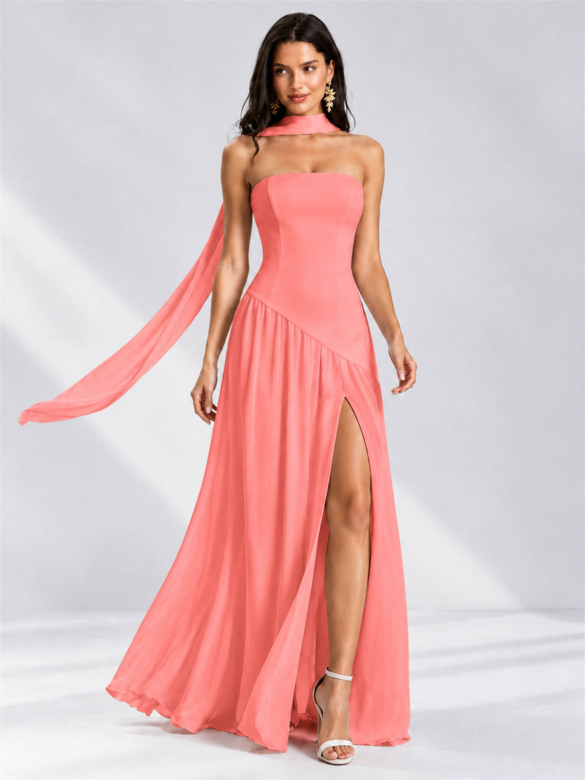 Strapless A-Line Chiffon Sleeveless Floor-Length Wedding Guest Dress with Scarf