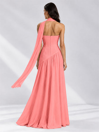 Strapless A-Line Chiffon Sleeveless Floor-Length Wedding Guest Dress with Scarf