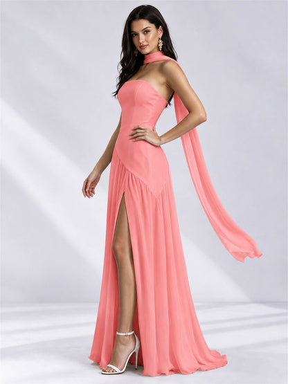 Strapless A-Line Chiffon Sleeveless Floor-Length Wedding Guest Dress with Scarf