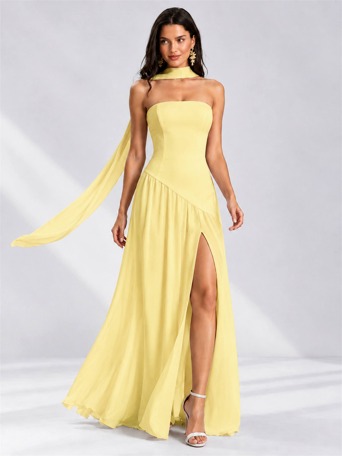 Strapless A-Line Chiffon Sleeveless Floor-Length Wedding Guest Dress with Scarf