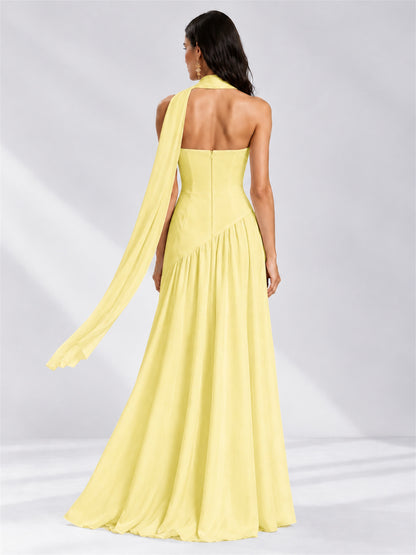 Strapless A-Line Chiffon Sleeveless Floor-Length Wedding Guest Dress with Scarf
