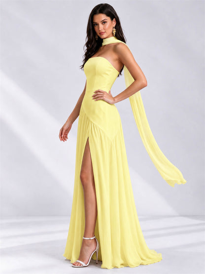 Strapless A-Line Chiffon Sleeveless Floor-Length Wedding Guest Dress with Scarf