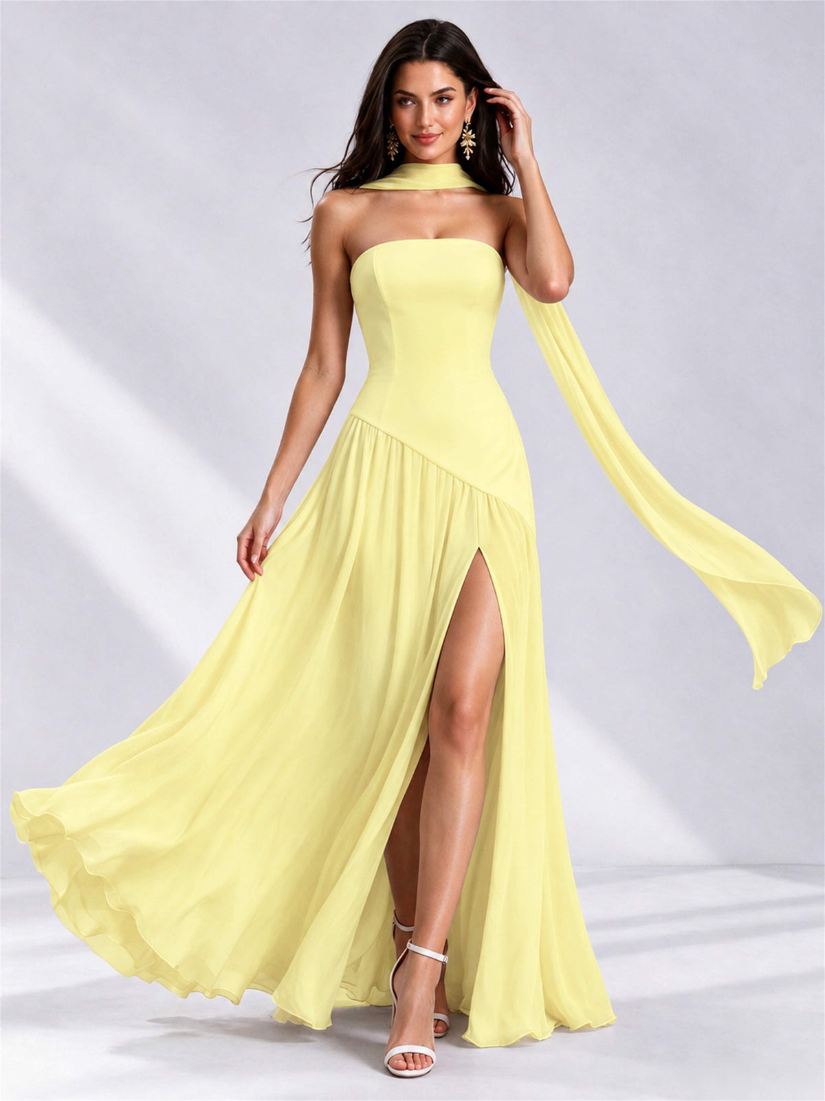 Strapless A-Line Chiffon Sleeveless Floor-Length Wedding Guest Dress with Scarf