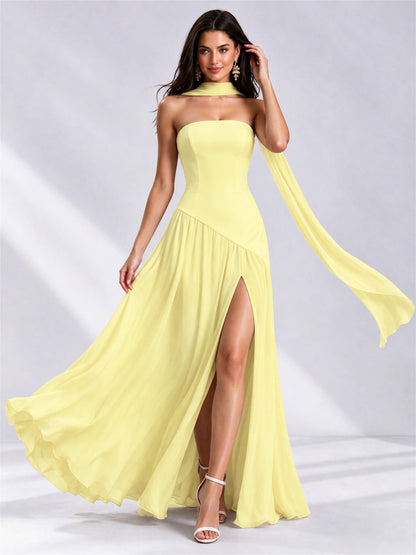 Strapless A-Line Chiffon Sleeveless Floor-Length Wedding Guest Dress with Scarf