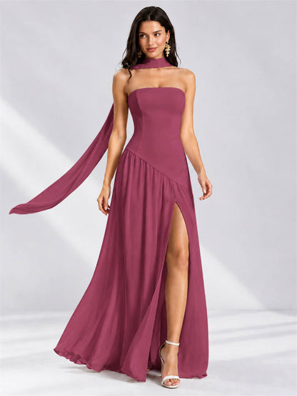Strapless A-Line Chiffon Sleeveless Floor-Length Wedding Guest Dress with Scarf
