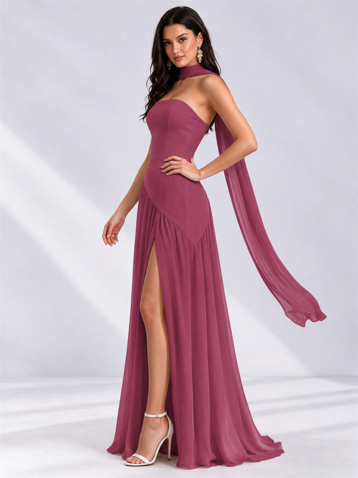 Strapless A-Line Chiffon Sleeveless Floor-Length Wedding Guest Dress with Scarf