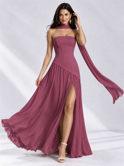 Strapless A-Line Chiffon Sleeveless Floor-Length Wedding Guest Dress with Scarf