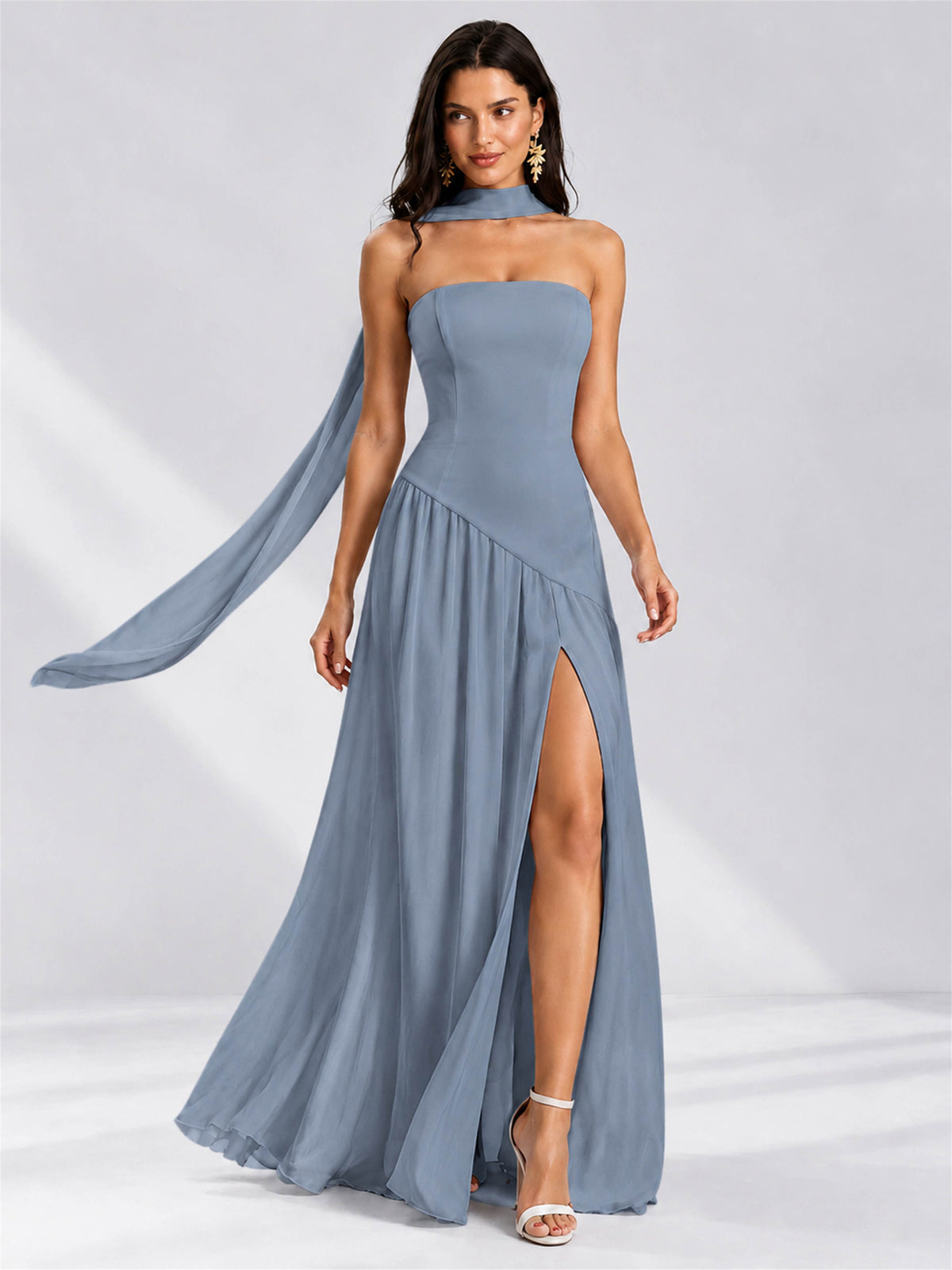 Strapless A-Line Chiffon Sleeveless Floor-Length Wedding Guest Dress with Scarf