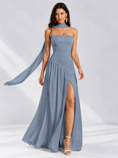 Strapless A-Line Chiffon Sleeveless Floor-Length Wedding Guest Dress with Scarf