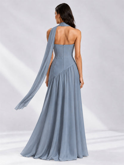 Strapless A-Line Chiffon Sleeveless Floor-Length Wedding Guest Dress with Scarf