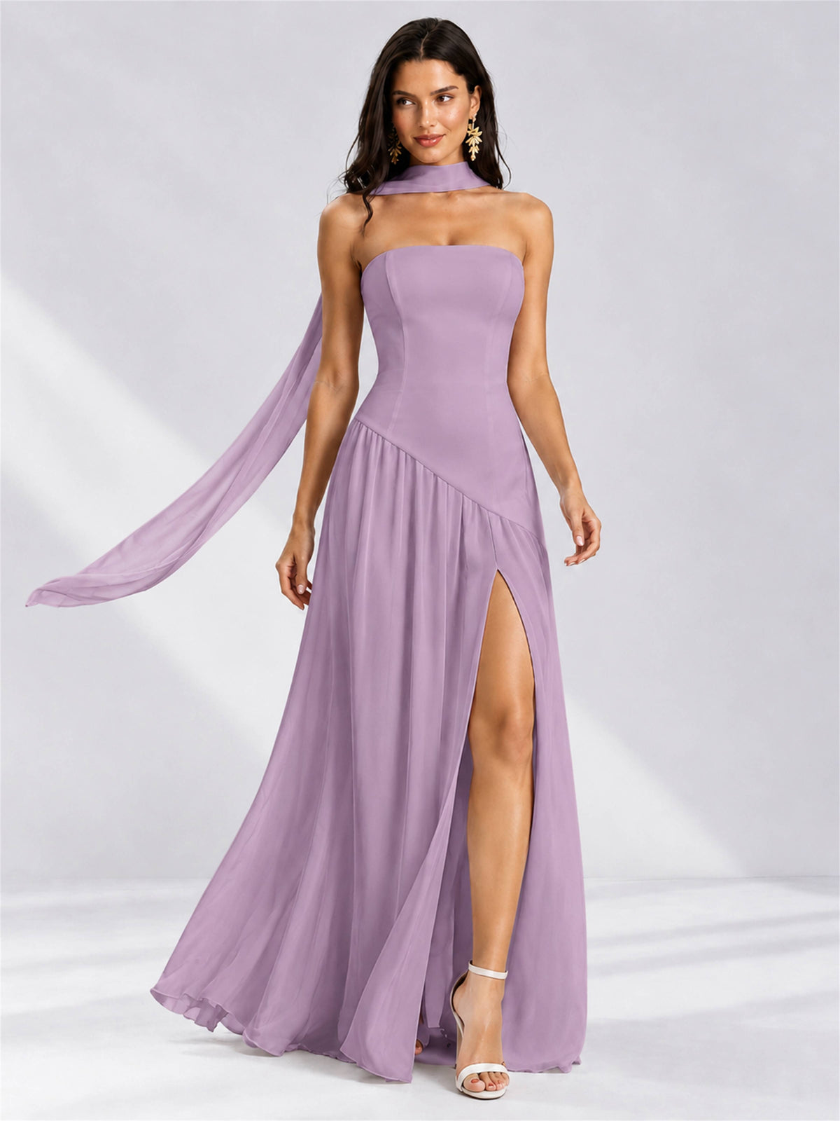 Strapless A-Line Chiffon Sleeveless Floor-Length Wedding Guest Dress with Scarf