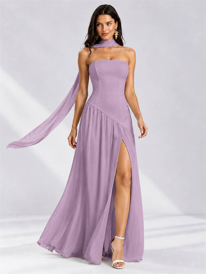 Strapless A-Line Chiffon Sleeveless Floor-Length Wedding Guest Dress with Scarf