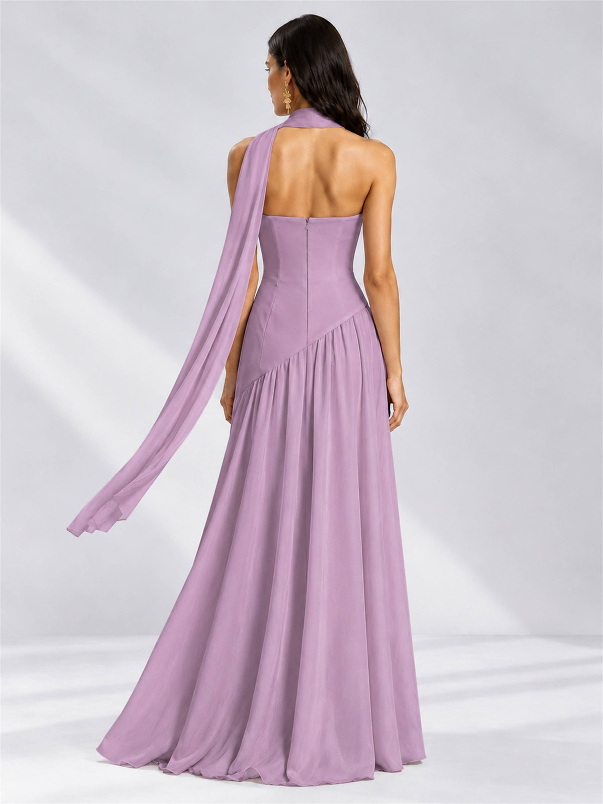 Strapless A-Line Chiffon Sleeveless Floor-Length Wedding Guest Dress with Scarf