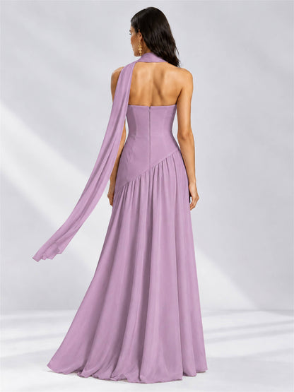 Strapless A-Line Chiffon Sleeveless Floor-Length Wedding Guest Dress with Scarf