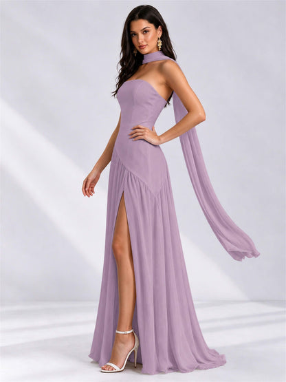 Strapless A-Line Chiffon Sleeveless Floor-Length Wedding Guest Dress with Scarf