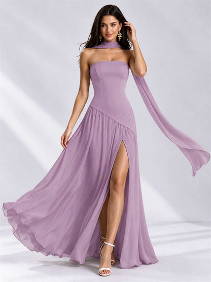 Strapless A-Line Chiffon Sleeveless Floor-Length Wedding Guest Dress with Scarf