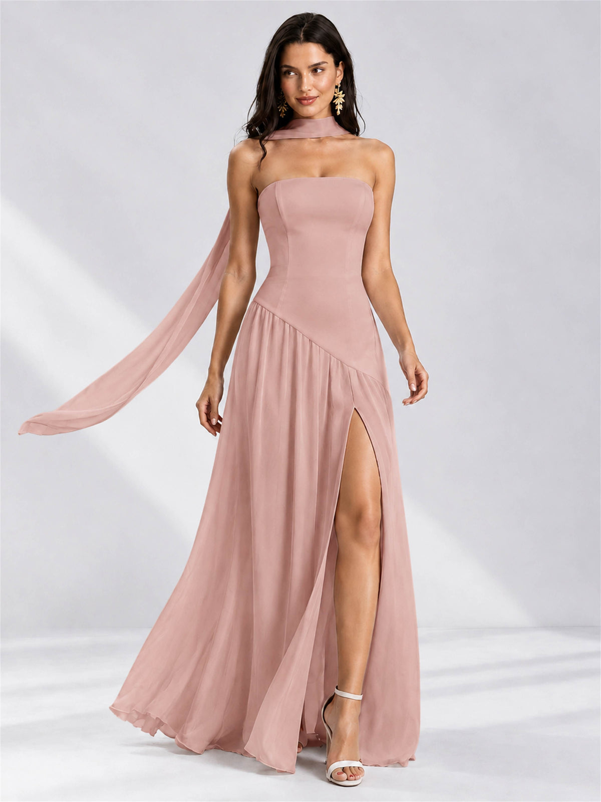 Strapless A-Line Chiffon Sleeveless Floor-Length Wedding Guest Dress with Scarf