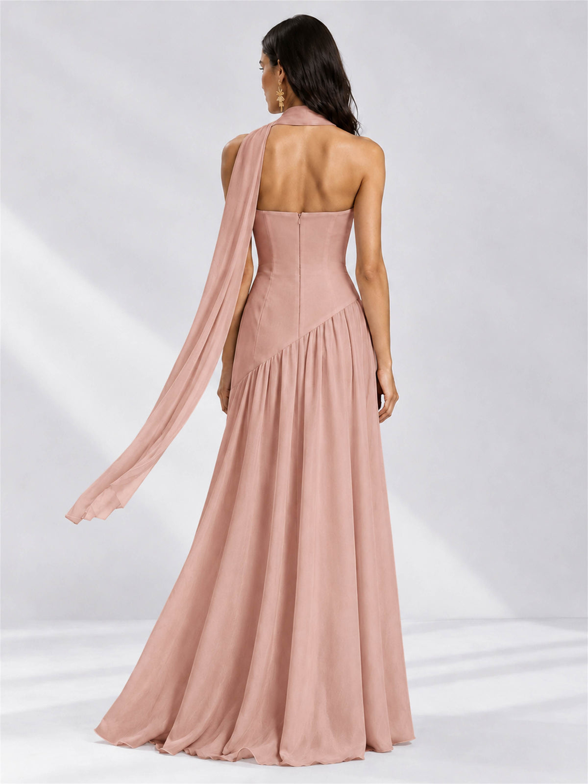 Strapless A-Line Chiffon Sleeveless Floor-Length Wedding Guest Dress with Scarf