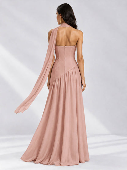 Strapless A-Line Chiffon Sleeveless Floor-Length Wedding Guest Dress with Scarf