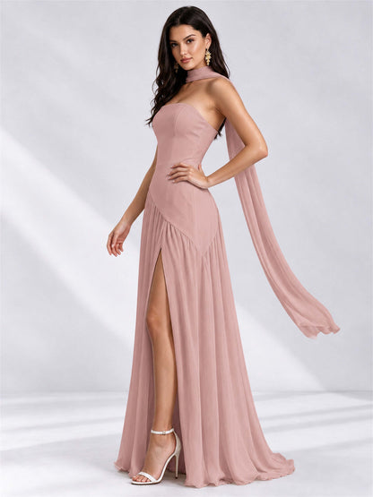 Strapless A-Line Chiffon Sleeveless Floor-Length Wedding Guest Dress with Scarf
