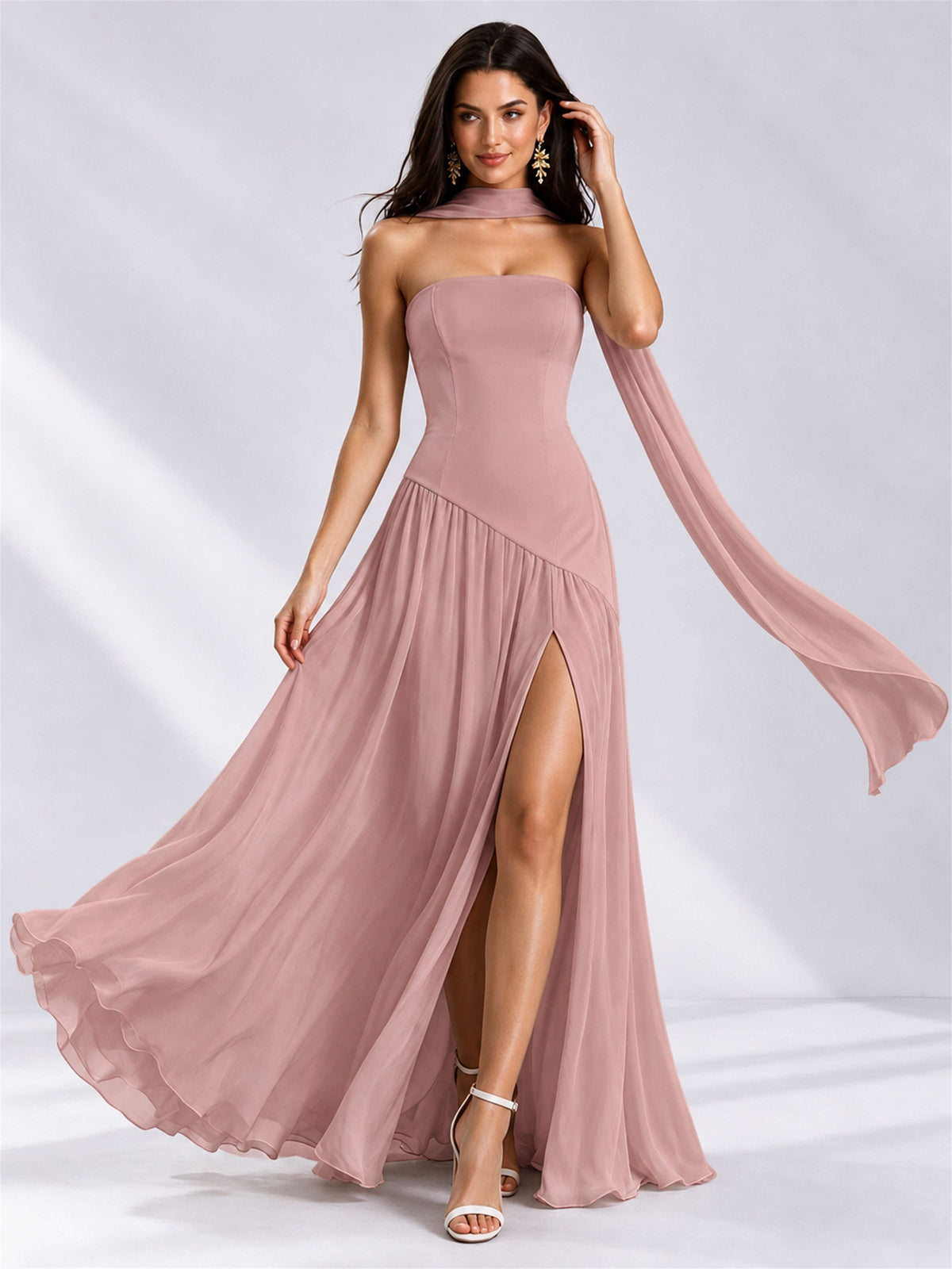 Strapless A-Line Chiffon Sleeveless Floor-Length Wedding Guest Dress with Scarf