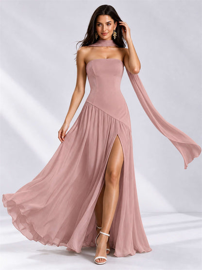 Strapless A-Line Chiffon Sleeveless Floor-Length Wedding Guest Dress with Scarf