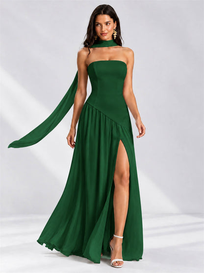 Strapless A-Line Chiffon Sleeveless Floor-Length Wedding Guest Dress with Scarf