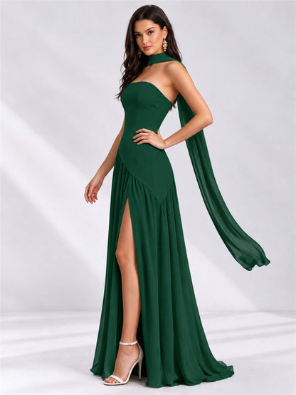 Strapless A-Line Chiffon Sleeveless Floor-Length Wedding Guest Dress with Scarf