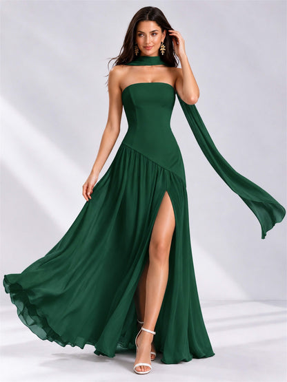 Strapless A-Line Chiffon Sleeveless Floor-Length Wedding Guest Dress with Scarf