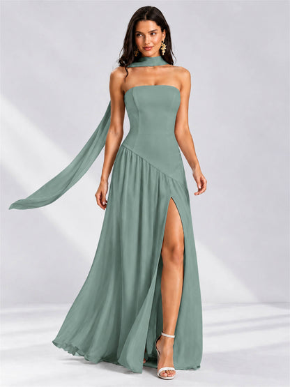 Strapless A-Line Chiffon Sleeveless Floor-Length Wedding Guest Dress with Scarf