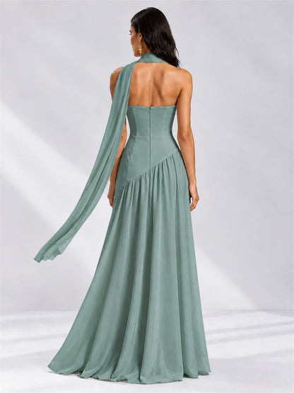 Strapless A-Line Chiffon Sleeveless Floor-Length Wedding Guest Dress with Scarf