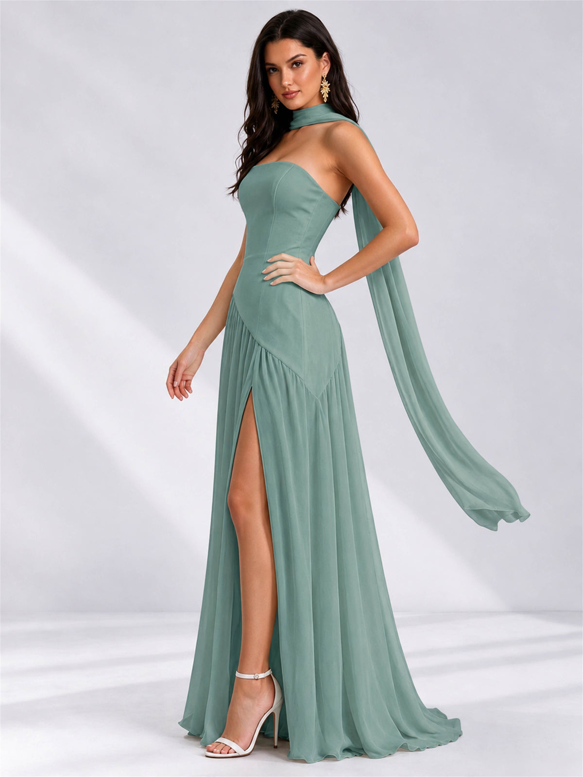 Strapless A-Line Chiffon Sleeveless Floor-Length Wedding Guest Dress with Scarf