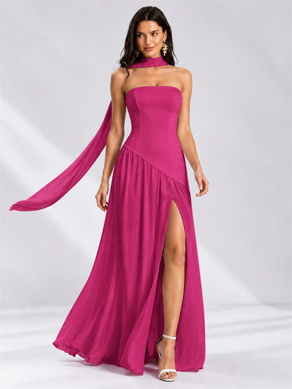 Strapless A-Line Chiffon Sleeveless Floor-Length Wedding Guest Dress with Scarf