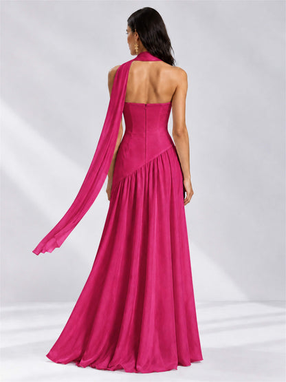 Strapless A-Line Chiffon Sleeveless Floor-Length Wedding Guest Dress with Scarf