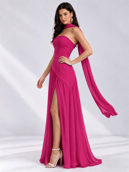 Strapless A-Line Chiffon Sleeveless Floor-Length Wedding Guest Dress with Scarf