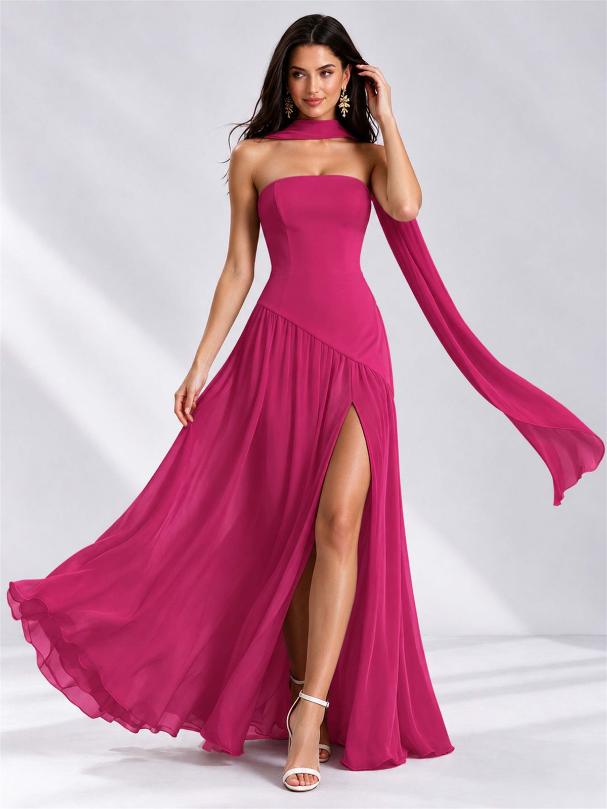 Strapless A-Line Chiffon Sleeveless Floor-Length Wedding Guest Dress with Scarf