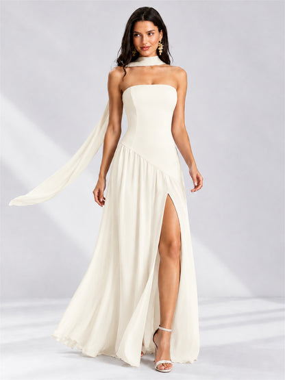 Strapless A-Line Chiffon Sleeveless Floor-Length Wedding Guest Dress with Scarf