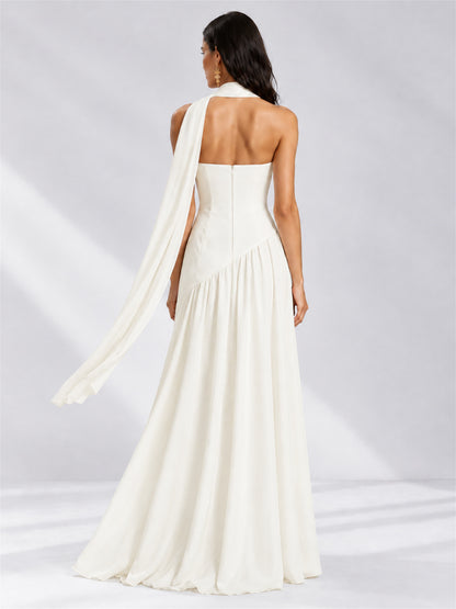 Strapless A-Line Chiffon Sleeveless Floor-Length Wedding Guest Dress with Scarf