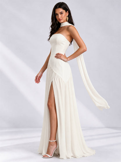 Strapless A-Line Chiffon Sleeveless Floor-Length Wedding Guest Dress with Scarf