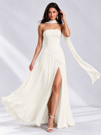 Strapless A-Line Chiffon Sleeveless Floor-Length Wedding Guest Dress with Scarf