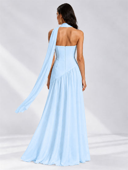 Strapless A-Line Chiffon Sleeveless Floor-Length Wedding Guest Dress with Scarf