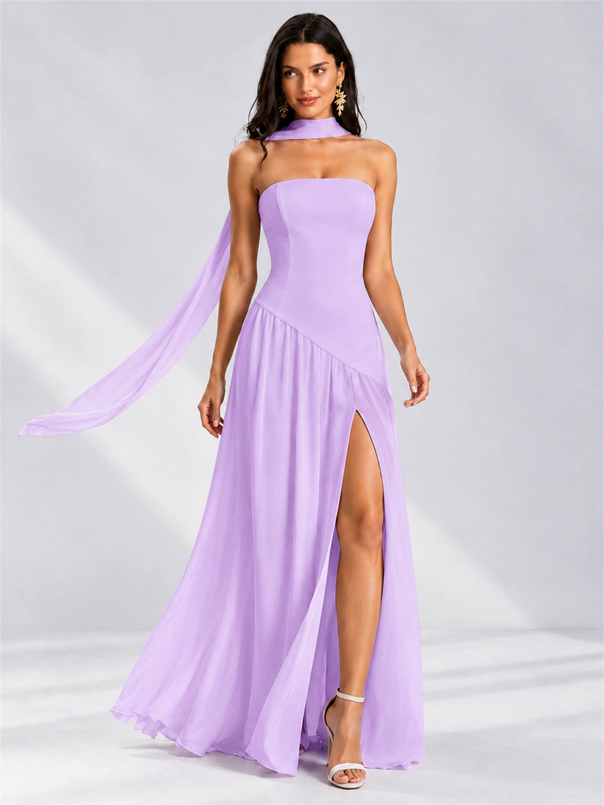 Strapless A-Line Chiffon Sleeveless Floor-Length Wedding Guest Dress with Scarf
