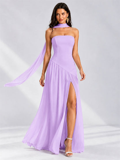 Strapless A-Line Chiffon Sleeveless Floor-Length Wedding Guest Dress with Scarf