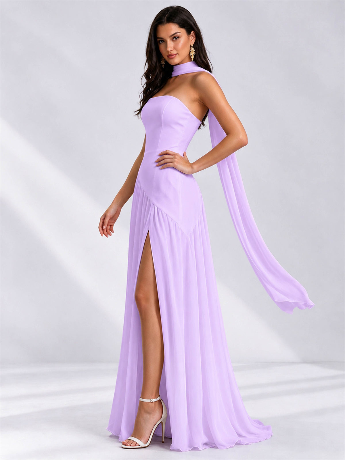 Strapless A-Line Chiffon Sleeveless Floor-Length Wedding Guest Dress with Scarf