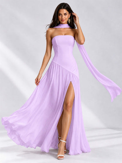 Strapless A-Line Chiffon Sleeveless Floor-Length Wedding Guest Dress with Scarf