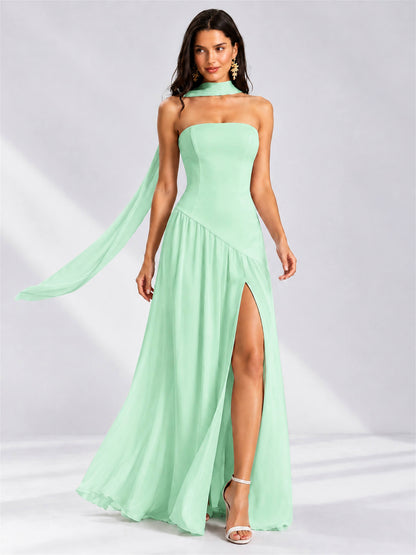 Strapless A-Line Chiffon Sleeveless Floor-Length Wedding Guest Dress with Scarf