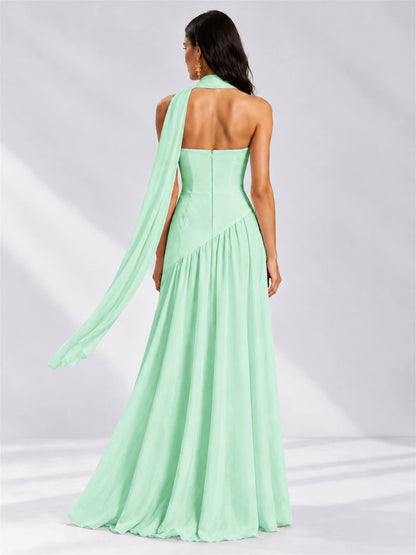 Strapless A-Line Chiffon Sleeveless Floor-Length Wedding Guest Dress with Scarf