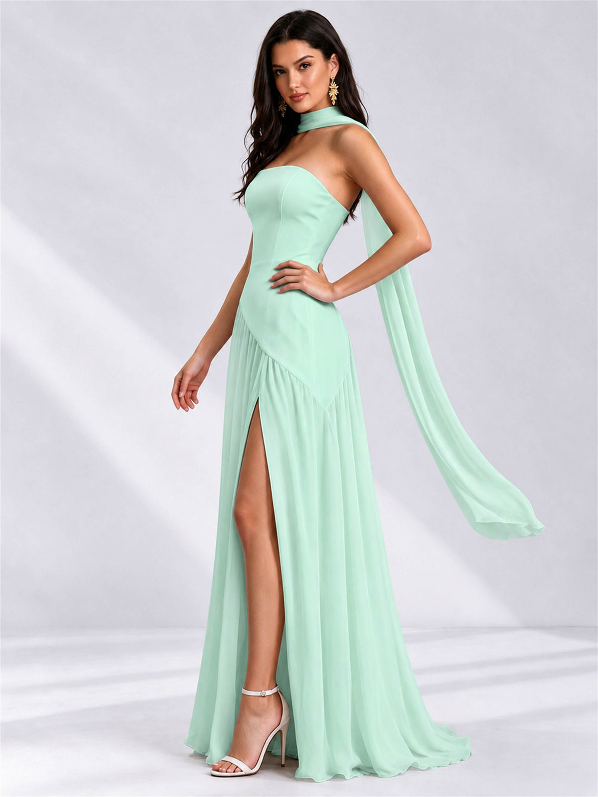 Strapless A-Line Chiffon Sleeveless Floor-Length Wedding Guest Dress with Scarf