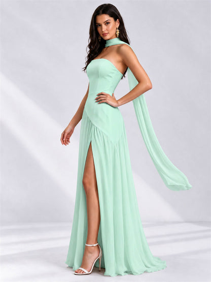 Strapless A-Line Chiffon Sleeveless Floor-Length Wedding Guest Dress with Scarf